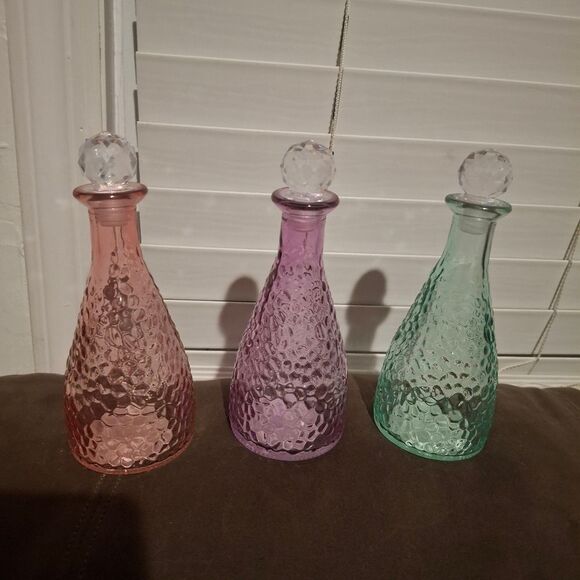 Trio of Pebbled Glass Decorative Bottles w/ Crystal Stoppers - Picture 6 of 6
